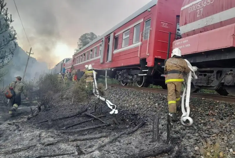 Возгорание травы с помощью пожарного поезда тушили в ВКО