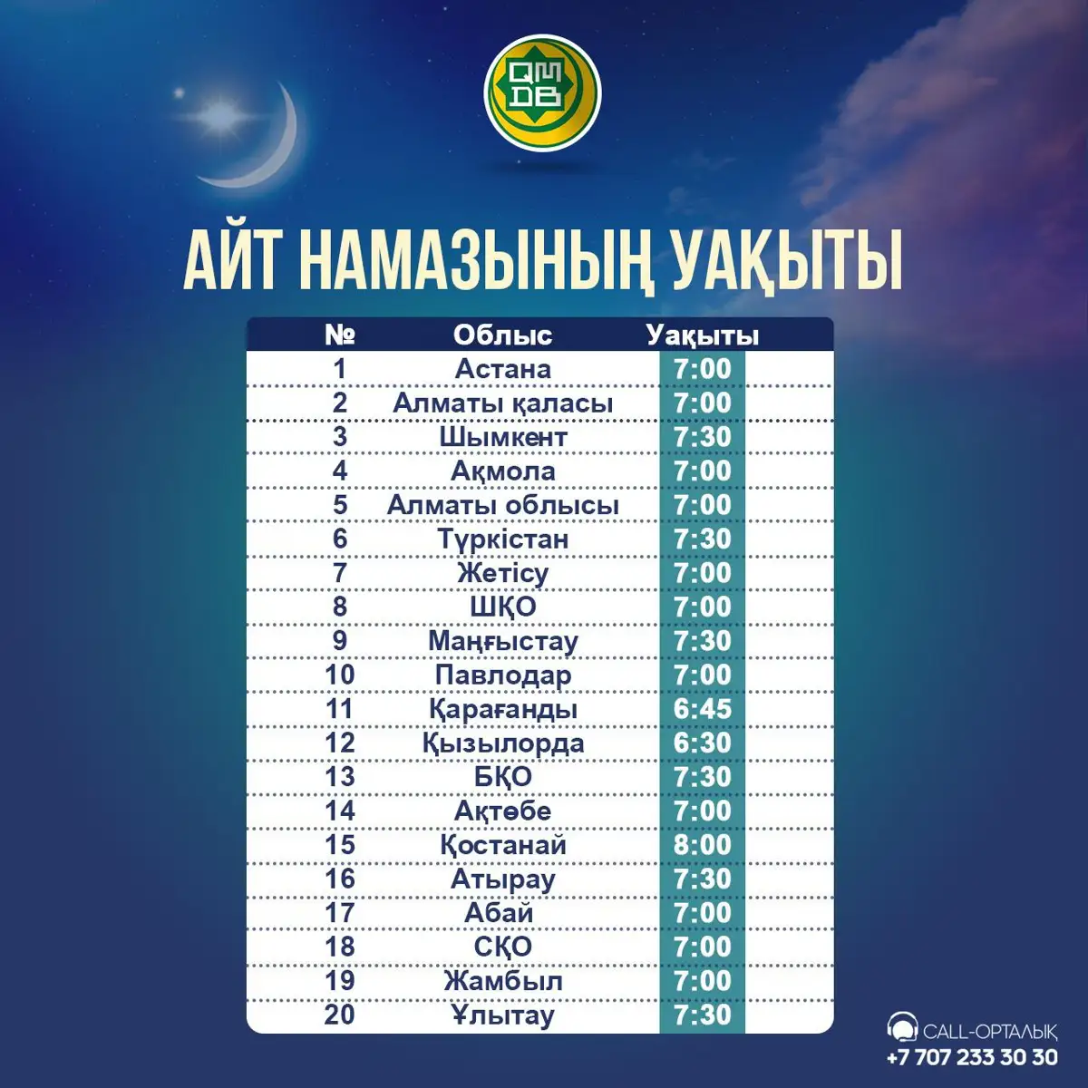 Время совершения айт намаза по городам Казахстана