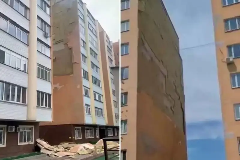 Almatyda qatty jeldiń saldarynan 9-qabatty úıdiń qaptamasy opyrylyp tústi
