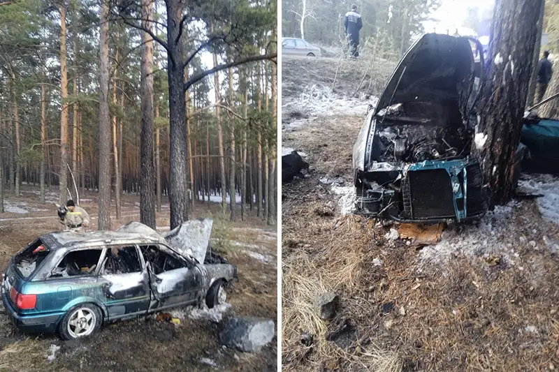 Автомобиль врезался в дерево и загорелся в Боровом