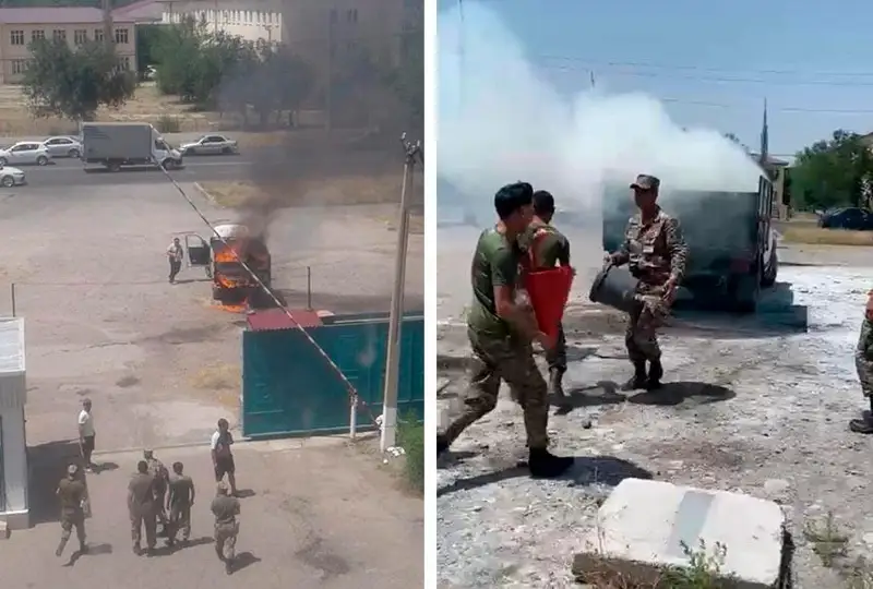 Загоревшуюся автомашину потушили курсанты военно-технической школы Тараза