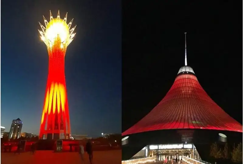 Astanada «Báıterek» monýmenti jáne «Hanshatyr» SOO ǵımarattary qyzyl túske boıaldy
