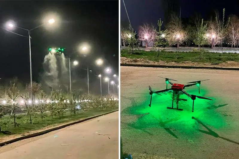 Деревья обрабатывают от вредителей с помощью дронов в Алматы