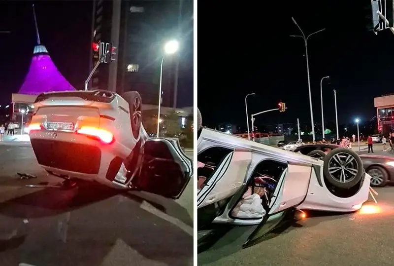 Elordada baǵanǵa soǵylǵan BMW kóligi aýdarylyp qaldy
