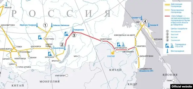 "Сібір күші" газ құбырының "Газпром" сайтындағы картасы.