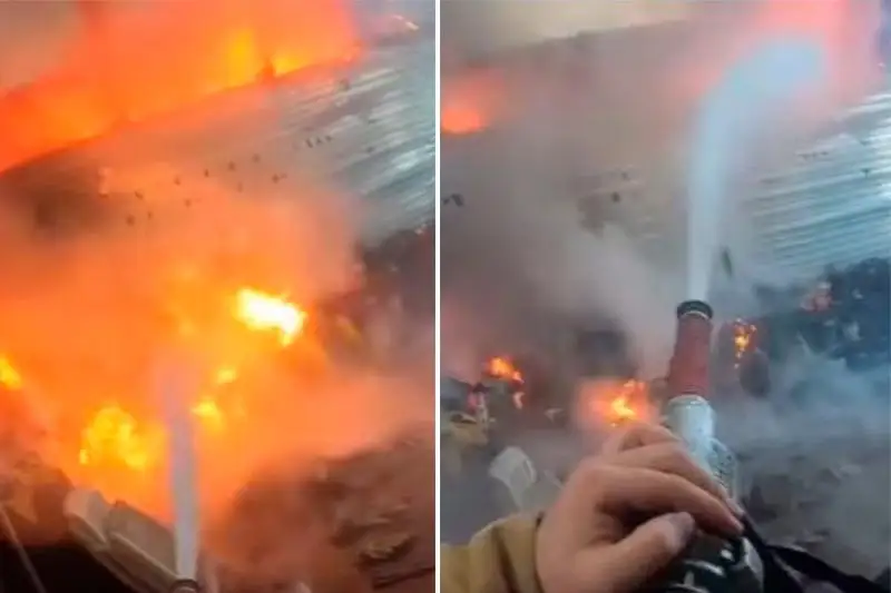 Тушение пожара на СТО сняли на видео в Алматы