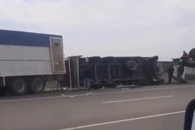 Избегавший столкновения КамАЗ опрокинулся на трассе в Павлодарской области