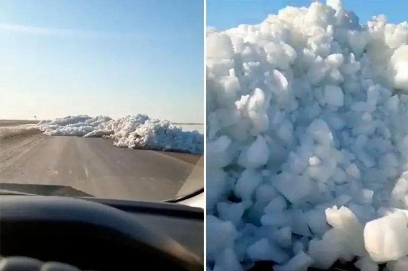 Пятиметровые ледяные торосы перекрыли республиканскую трассу в Костанайской области
