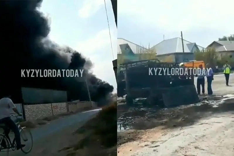 Qyzylordada kóshe boıynda turǵan kólik janyp ketti