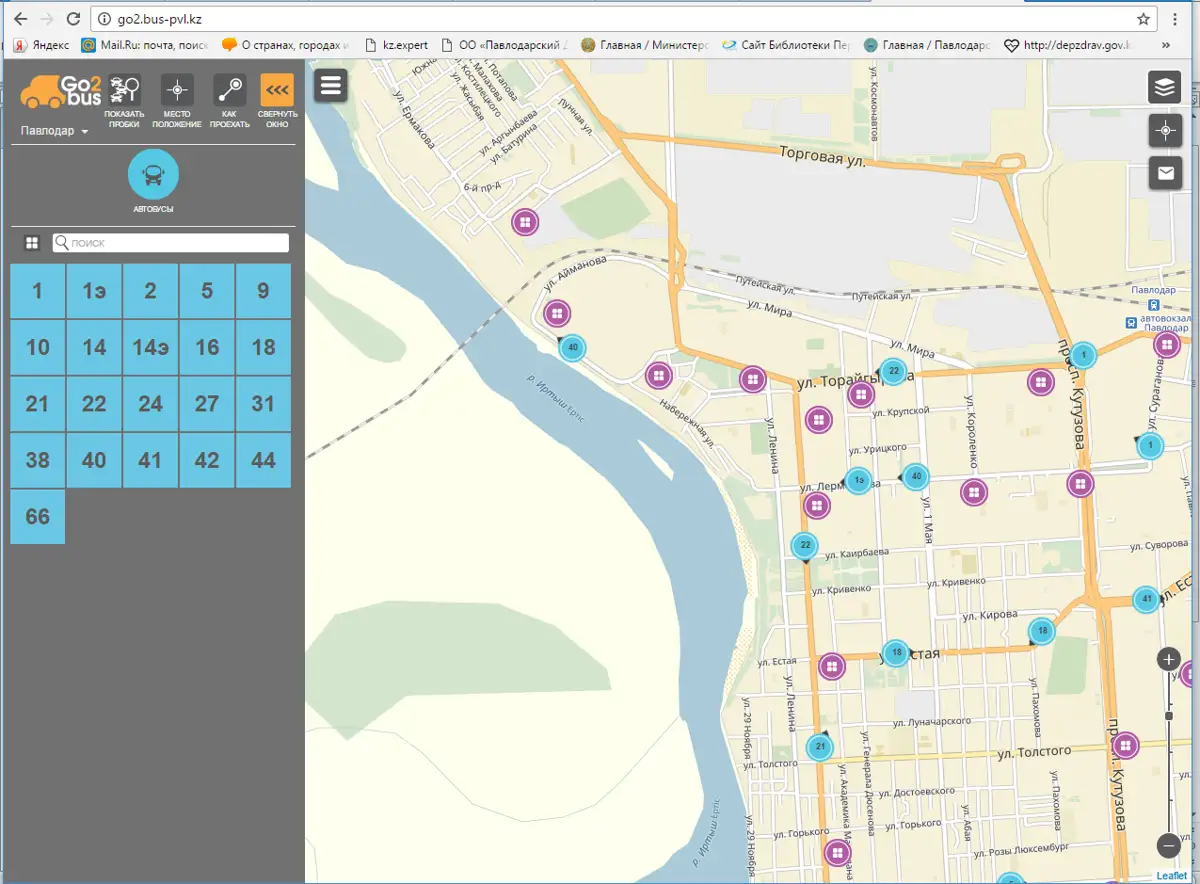 Маршрут автобуса 2 на карте Павлодара