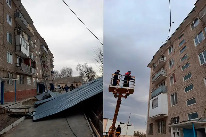 Кровли двух зданий сорвало ураганом в Жамбылской области