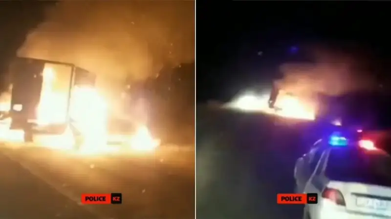 За минуту до взрыва: троих людей из горящей фуры спасли полицейские