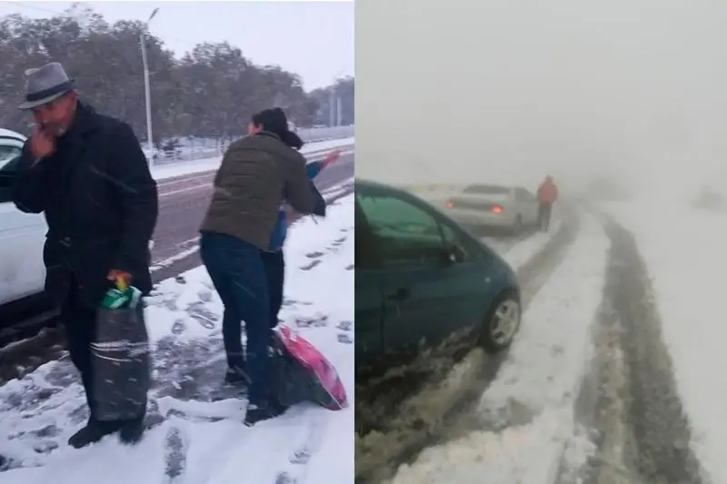 Десятки машин застряли на Кегенском перевале в Алматинской области из-за снегопада
