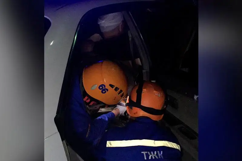 Мужчину извлекли из искореженного автомобиля спасатели в Алматинской области