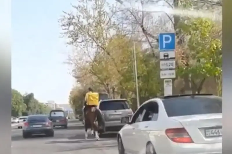 Необычного курьера на коне сняли на видео в центре Алматы