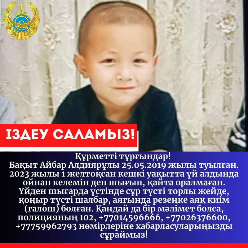 Четырехлетний мальчик пропал в Туркестане Четырехлетний мальчик пропал в Туркестане