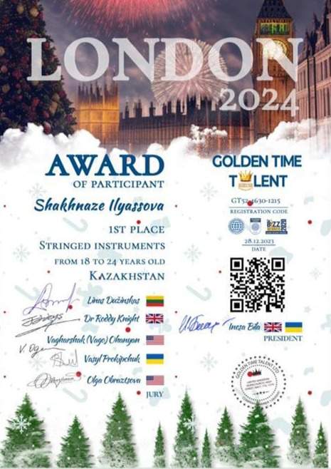 Shakhnaze Ilyassova takes 1st place at Golden Time Talent intl contest Shakhnaze Ilyassova takes 1st place at Golden Time Talent intl contest