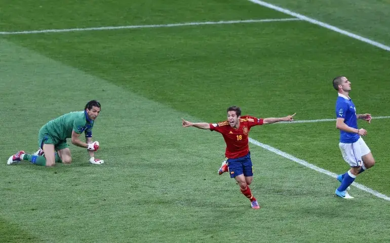 Jordi Alba, centre, of Spain celebrates scoring their second goal during the UEFA Euro 2012 final