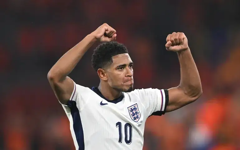 England player Jude Bellingham celebrates victory after their Euro 2024 semifinal victory over Netherlands