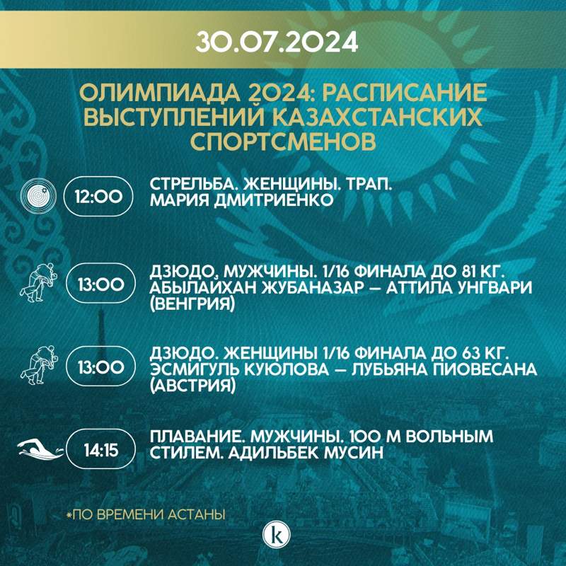 Олимпиада 2024: расписание выступлений казахстанских спортсменов на 30 июля Олимпиада 2024: расписание выступлений казахстанских спортсменов на 30 июля
