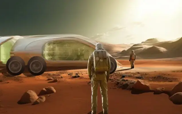 Artist rendering of a mycoculture rover or ‘Winnebago’ for moon- or planet-based travel 