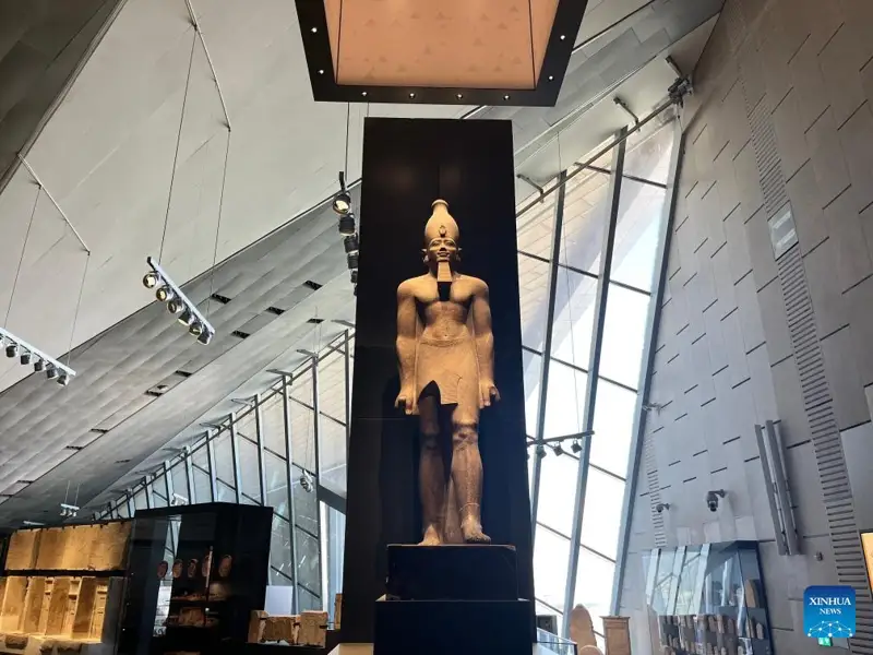 This photo taken on Oct. 15, 2024 shows a pharaoh statue at an exhibition hall of the Grand Egyptian Museum in Giza, Egypt.