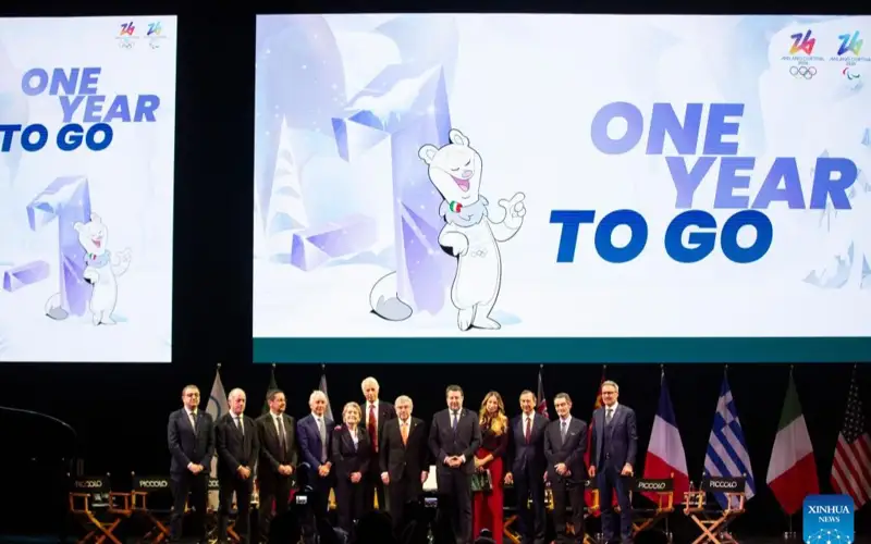 nternational Olympic Committee (IOC) president Thomas Bach (6th R) with Italy National Olympic Committee president Giovanni Malago (6th L) and members attend a ceremony marking the one-year countdown for Milano Cortina 2026 in Milan, Italy, Feb. 6, 2025. 