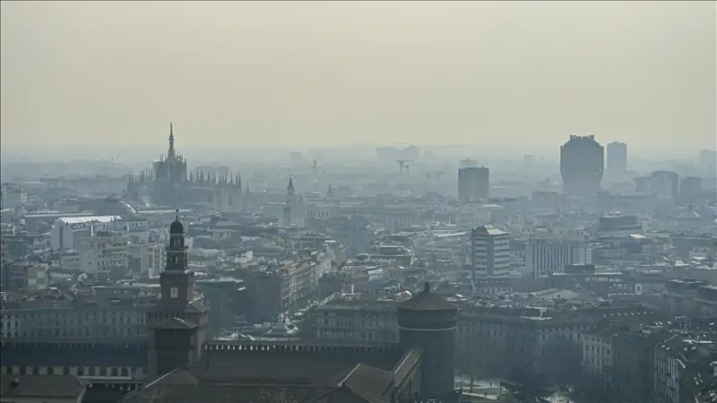 An aerial view of downtown Milan and the Duomo Cathedral during heavy pollution in Milan, Italy on February 21, 2024.