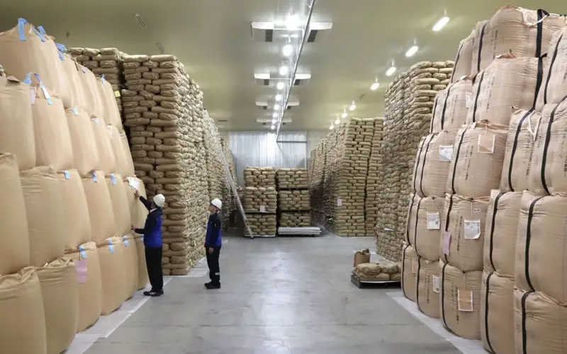 File photo taken in April 2024 shows a storage center containing stockpiled rice in Fukushima Prefecture.