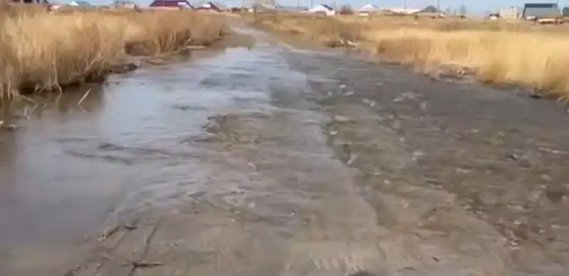 Вода затопила участок дороги возле казахстанско-российской границы в Костанайской области