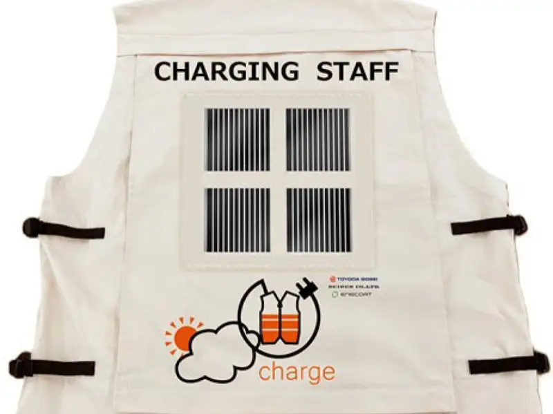 Supplied photo shows power-generating smartwear fitted with ultrathin solar cells to be trialed at the World Exposition in Osaka.