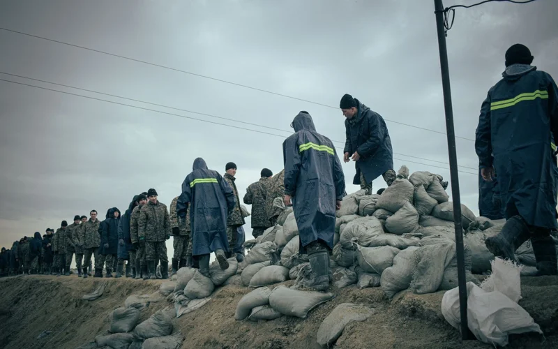 курсанты Нацгвардии укрепляют дамбу в селе Тепличное СКО