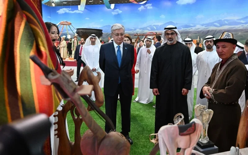 Kassym-Jomart Tokayev and Sheikh Khaled bin Mohamed bin Zayed Al Nahyan visit Ethnouyal exhibition