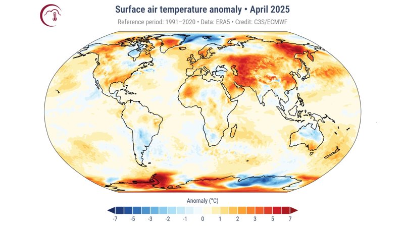 Surface air temperature anomaly for April 2025 Surface air temperature anomaly for April 2025, map, climate, weather
