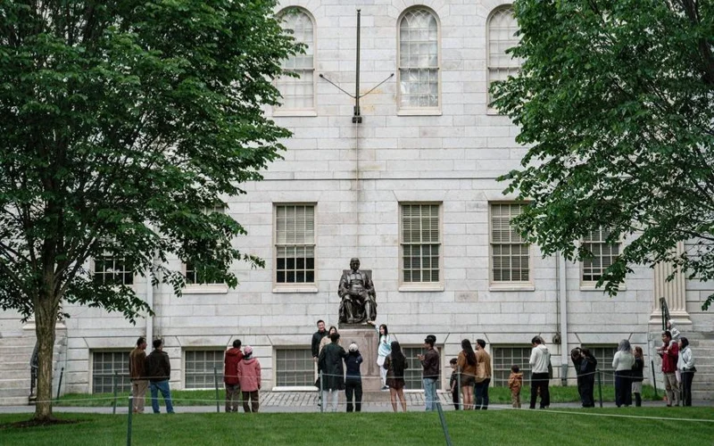 This photo taken on May 24, 2025 shows a view of the Harvard University campus in Cambridge, Massachusetts, the United States. 