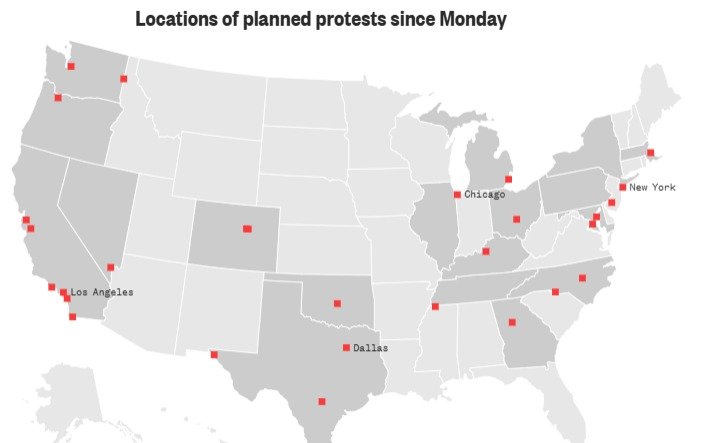 Около 25 митингов и демонстраций прошли в 19 штатах США митинги, США, карта
