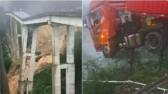 Қытайда көпір құлап, жүргізуші жүк көлігінде ілініп қалды