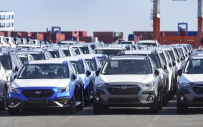 File photo taken on March 7, 2025, shows cars lined up at Daikoku Pier in Yokohama, near Tokyo.