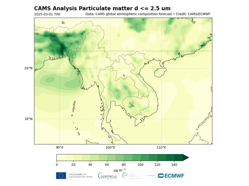 PM2.5 surface concentrations over SE Asia from 1 March to 31 May 2025 CAMS