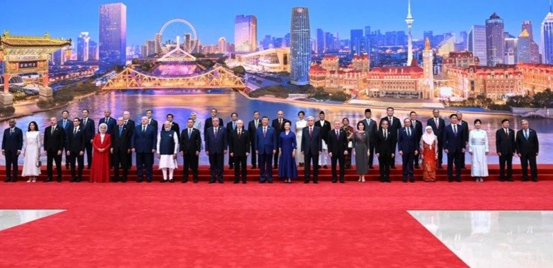 President Kassym-Jomart Tokayev arrives at Meijiang Convention Center in Tianjin