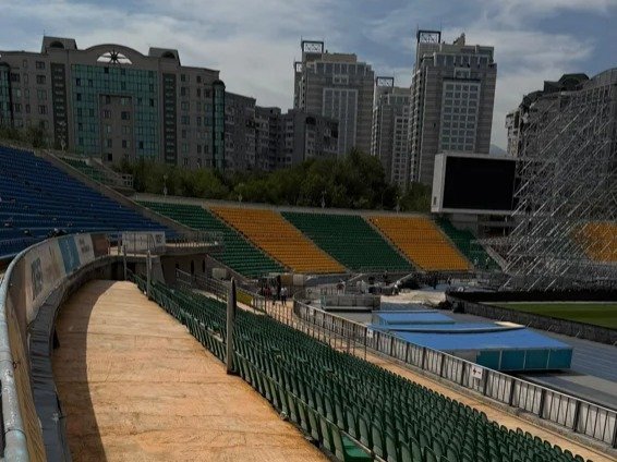football Almaty Central Stadium getting ready to host Kairat vs Real Madrid Champions League match
