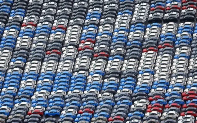 Photo taken on Aug. 1, 2025, shows foreign-bound vehicles at a port in Yokohama near Tokyo