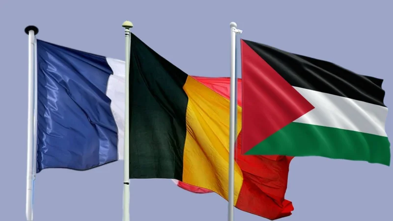 French, Belgian and Palestinian flags