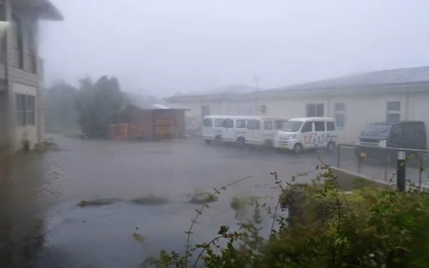 Heavy rain hits the town of Hachijo on Hachijo Island, south of Tokyo, on Oct. 9, 2025, where a special heavy rain warning was issued by the Japan Meteorological Agency with Typhoon Halong approaching