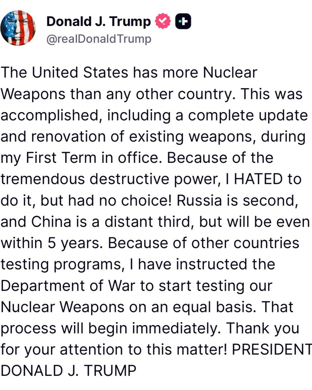 Trump orders immediate nuclear tests ‘on an equal basis’ with other nations Trump orders immediate nuclear tests ‘on an equal basis’ with other nations