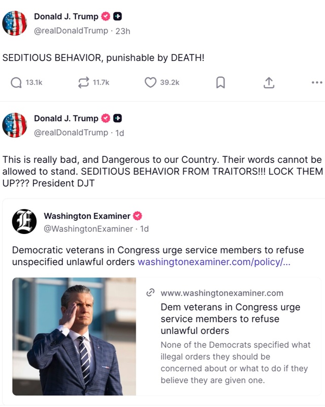 Trump criticizes Democrats over video urging troops to reject unlawful orders