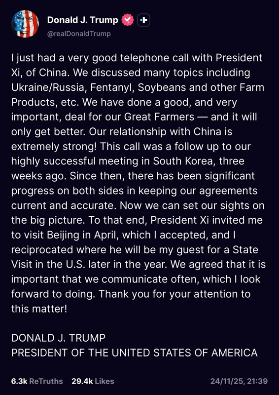 Trump confirms Xi Jinping’s state visit to U.S. in 2026