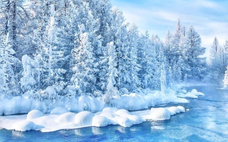 Never-freezing river in Mongolia in its winter splendor