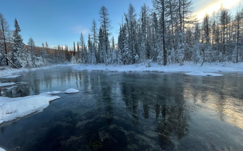 Never-freezing river in Mongolia in its winter splendor