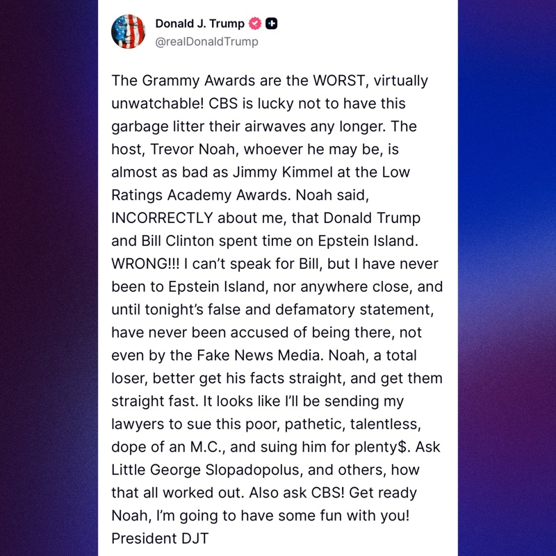 Donald Trump slams Grammys